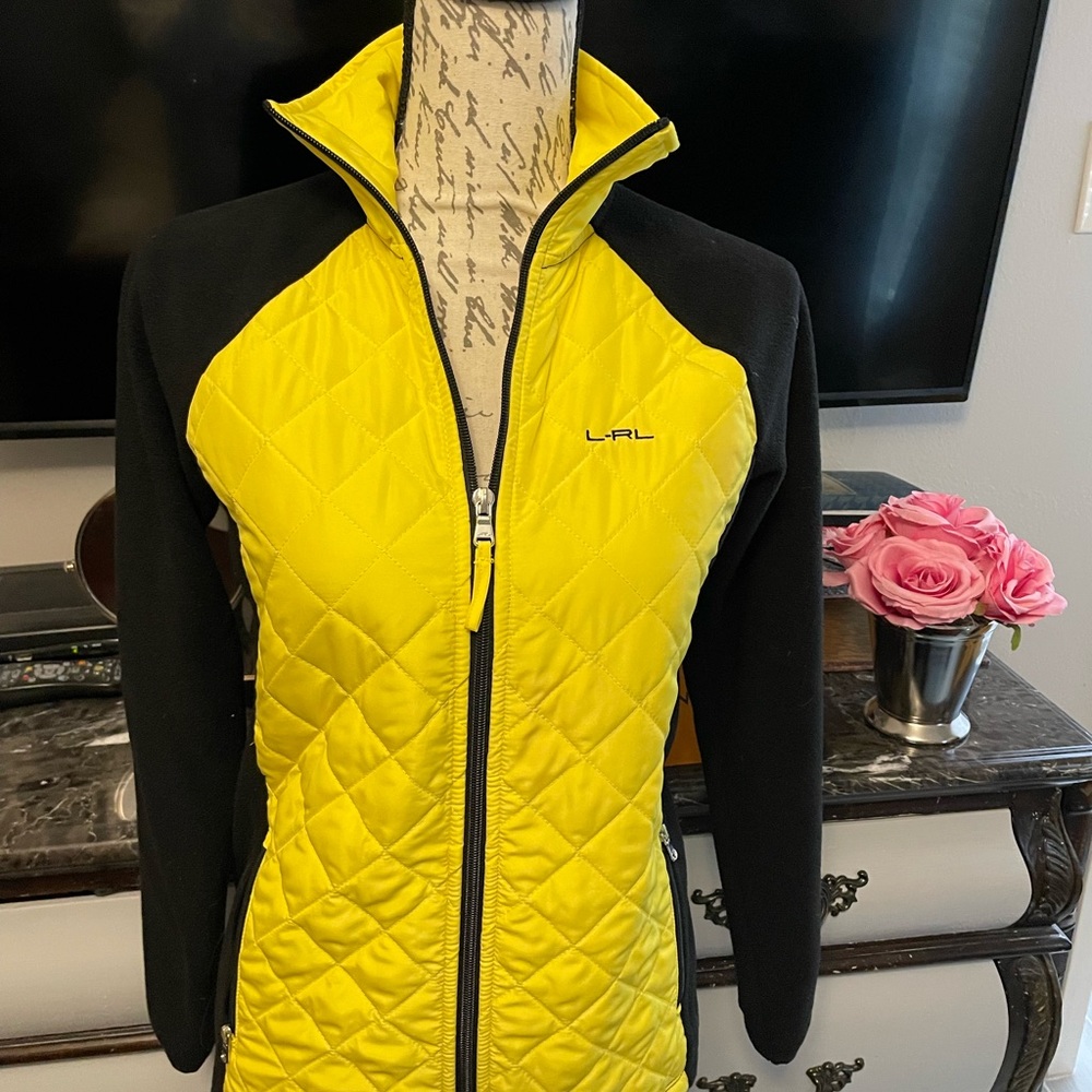 Lauren activewear yellow and black zip up nylon and fleece jacket.